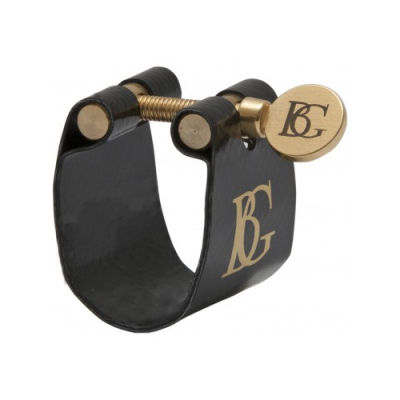 Abraçadeira preta e dourada para instrumento de sopro com logótipo BG