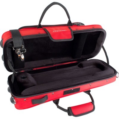 Estojo de instrumento musical vermelho com interior preto e alça de mão