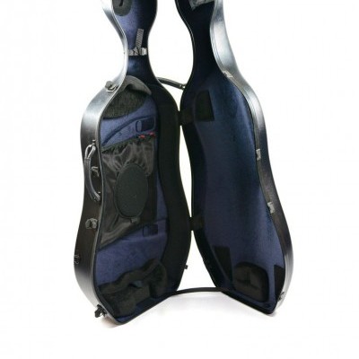 Estojo rígido aberto para instrumento musical, interior azul e bolsos pretos