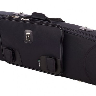 Estojo preto para transporte com bolsos frontais e fecho com chave