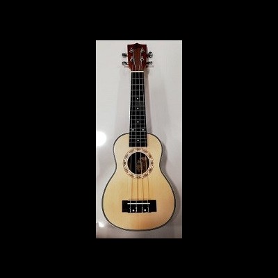 Ukulele de madeira clara com braço escuro e roseta decorativa