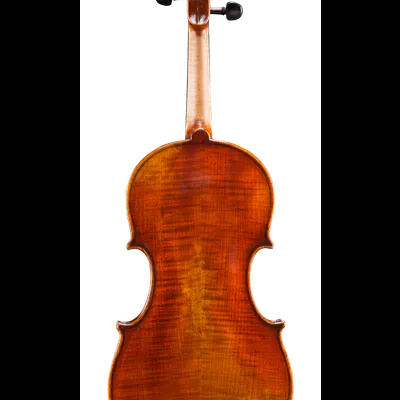 Violino de madeira castanho-avermelhado visto por trás