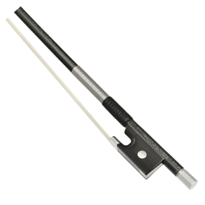 Arco de violoncelo preto e prateado com vara clara