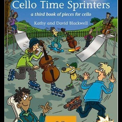 Capa do livro Cello Time Sprinters com ilustração de pessoas a patinar e tocar violoncelo