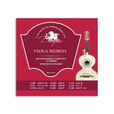 Embalagem vermelha de cordas para Viola Beiroa com texto e imagem da viola