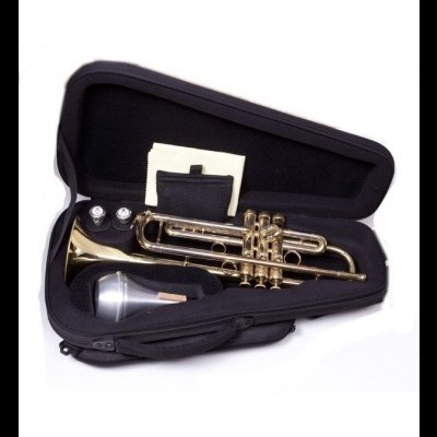 Trompete em mala de transporte preta com bocaltes