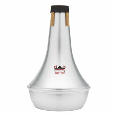 Sordinha prateada para trompete com etiqueta DANIS WICK e detalhes em cortiça e preto