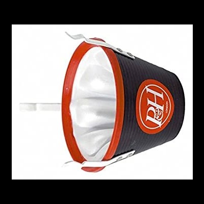 Funil preto com borda vermelha e etiqueta vermelha com letras brancas