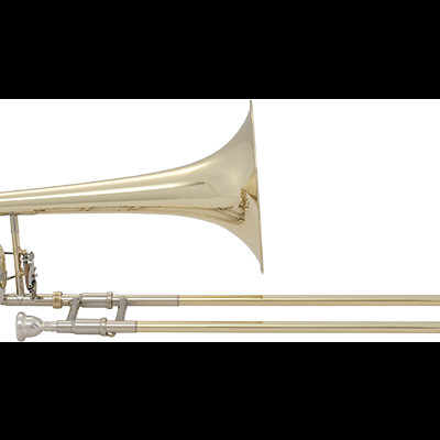 Trombone dourado de latão com pistões