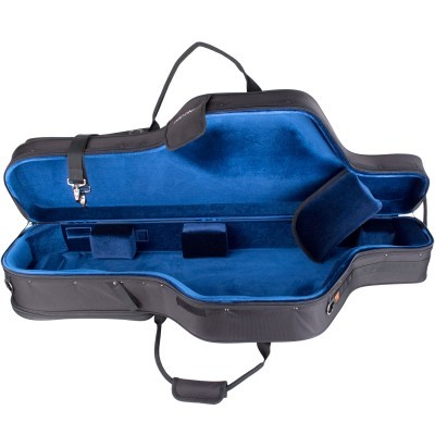 Estojo para instrumento musical aberto com interior azul e exterior preto