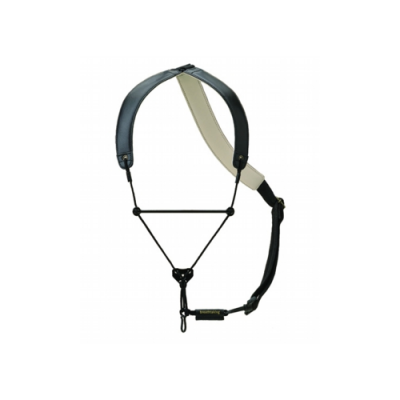 Correia ajustável para saxofone preta e bege com rótulo amarelo