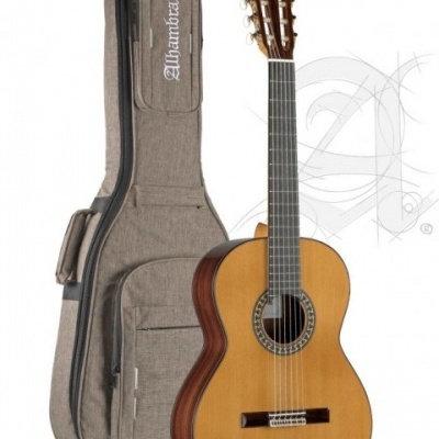 Guitarra clássica de madeira com estojo cinzento claro Alhambra
