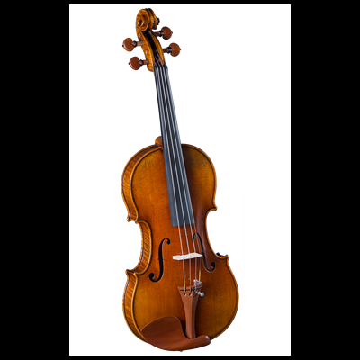 Violino de madeira castanho com quatro cordas e acabamento brilhante