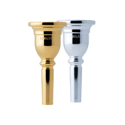 Dois bocal para trompete SCHILKE, dourado e prateado, fundo branco