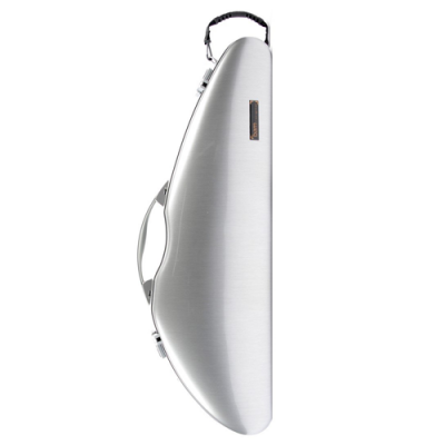 Estojo rígido prateado para instrumento musical com alças e placa com texto