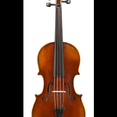 Violino acústico em madeira castanha brilhante com cravelhas e queixeira pretas