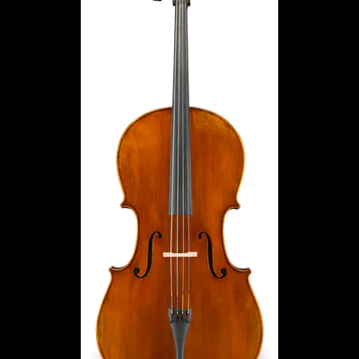 Violoncelo de madeira castanha com quatro cordas e ponte branca