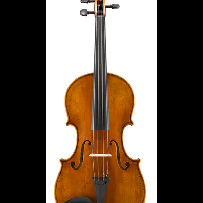 Violino de madeira castanho com cordas e acessórios pretos