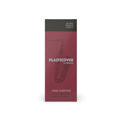 Embalagem bordô de palhetas para saxofone tenor Plasticover da D'Addario com desenho de saxofone.
