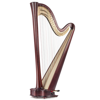 Harpa de madeira escura com cordas e detalhes dourados