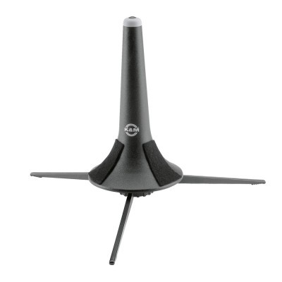 Suporte para trompete em plástico preto com pés dobráveis e acolchoamento