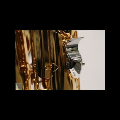 Saxofone dourado com detalhe prateado e texto 'DOWN'.