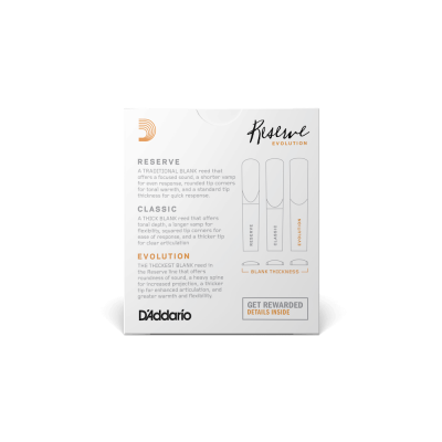 Caixa branca com palhetas para saxofone tenor D'Addario Reserve Evolution e descrição das espessuras.
