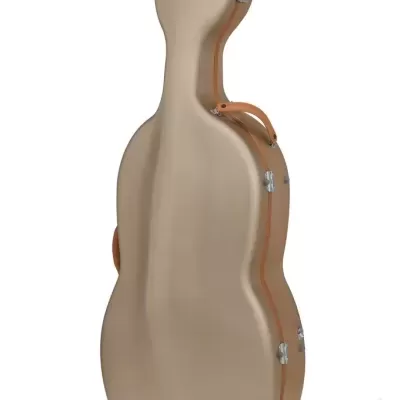 Estojo rígido bege para violoncelo com alça castanha e ferragens metálicas
