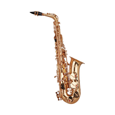 Saxofone tenor dourado em fundo branco