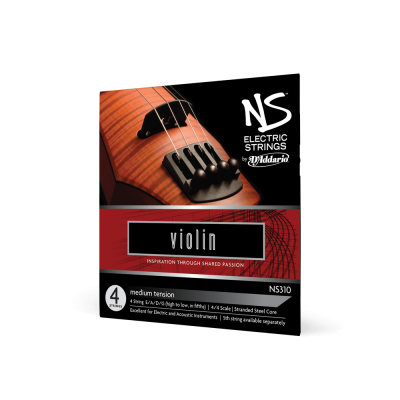 Emb. cordas eléctricas para violino NS D'Addario com imagem de violino e texto
