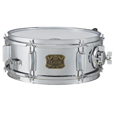 Caixa de bateria cromada com etiqueta preta e dourada Classíc