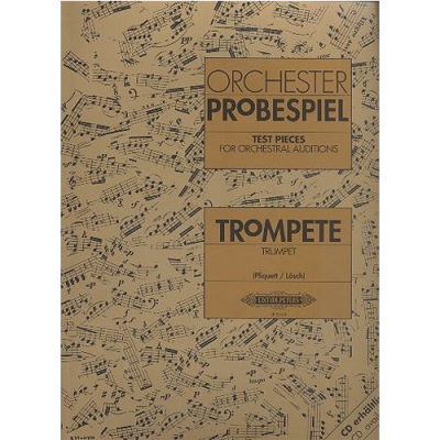 Capa de livro musical com pautas e texto impresso sobre trompete