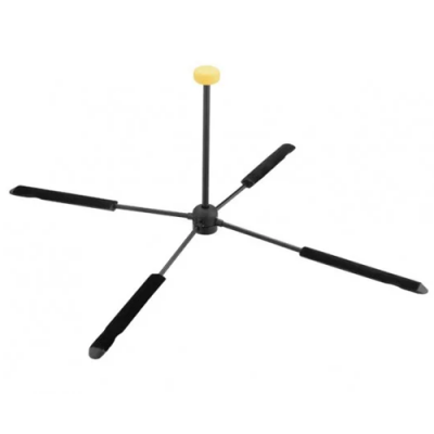 Suporte de metal preto com espuma negra e ponta amarela para instrumento musical