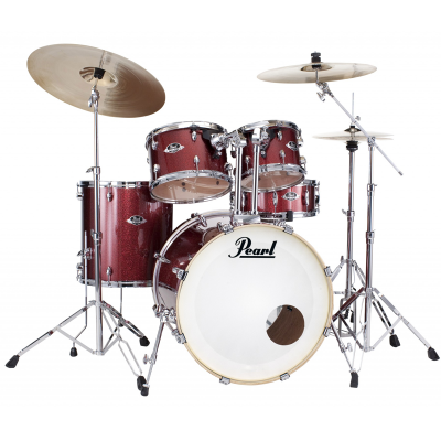 Conjunto de bateria acústica Pearl vermelho metalizado com pratos e suportes cromados