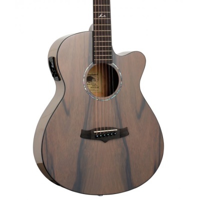 Guitarra acústica castanho escuro com cutaway e seis cordas