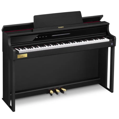 Piano digital CASIO preto com teclado e pedais dourados