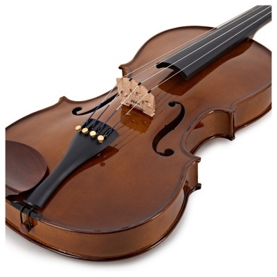 Violino clássico castanho com cordas e cavalete de madeira