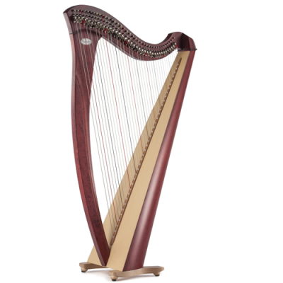 harpa acústica de madeira castanho avermelhado com cordas verticais