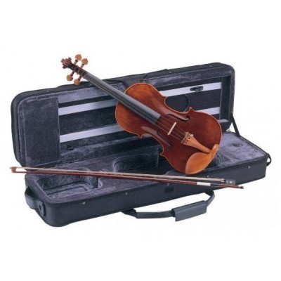 Violino castanho com arco e estojo preto aberto