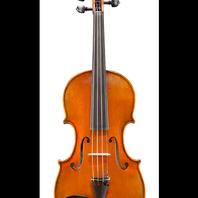 Violino de madeira com quatro cordas e acabamento laranja