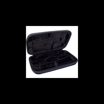 Estojo rígido preto aberto com interior acolchoado para armazenamento organizado
