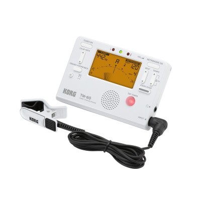 Afinador digital KORG TM-60 branco com visor amarelo e clip preto para instrumentos