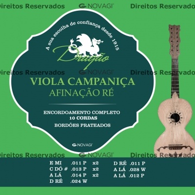 Embalagem verde de conjunto de cordas para Viola Campaniça com texto explicativo e imagem da Viola Campaniça ao lado