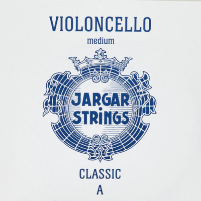 Embalagem de cordas para violoncelo com texto azul sobre fundo branco