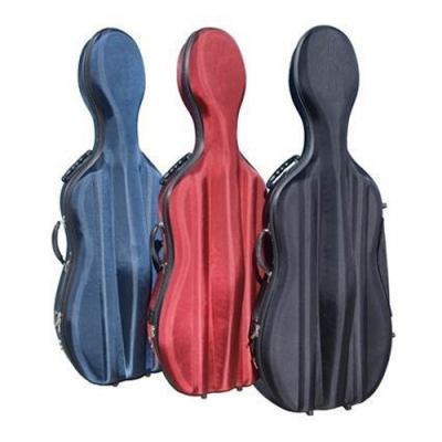 Tres estojos para violoncelo azul, vermelho e preto em fundo branco