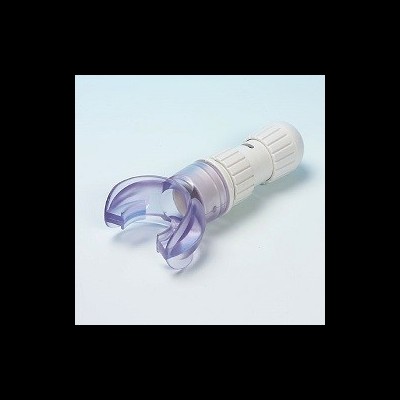 Suporte bucal em plástico roxo e branco com abertura em U