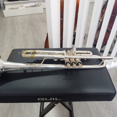 Trompete prateado em assento preto com marca GUIL em loja.