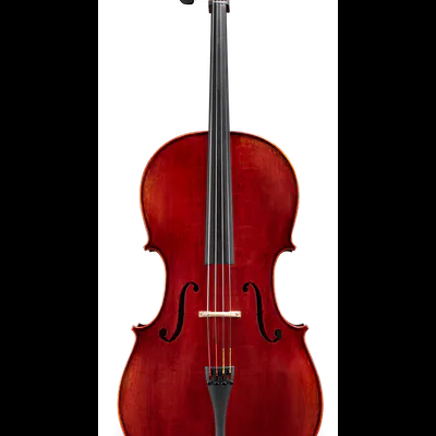 Violoncelo vermelho-escuro com cordas e cravelhas pretas, ao fundo branco