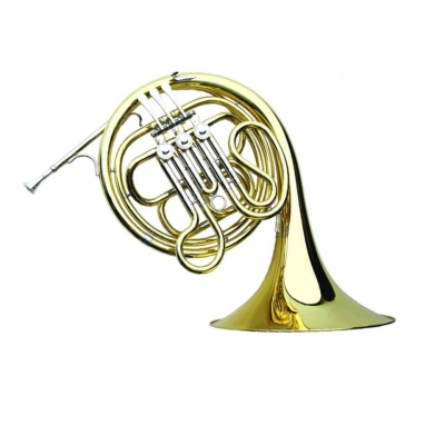 Trompa de metal dourado polido com três válvulas, fundo branco