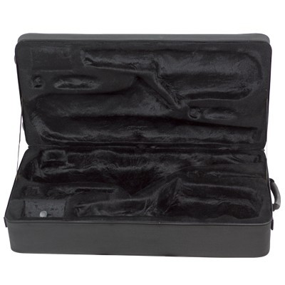 Estojo preto aberto com forro de veludo para instrumento musical